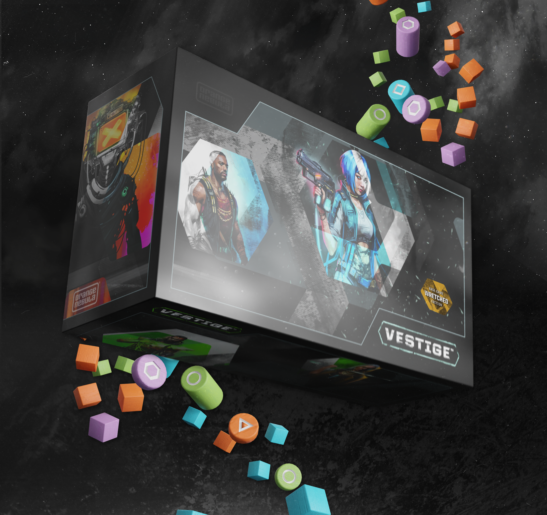 Vestige (Wretched Edition) (PREORDER) - Dark-themed board game box with futuristic character art and colorful geometric game pieces spilling out.