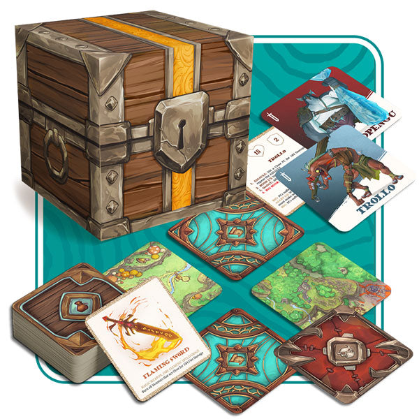 Twilight Sword RPG: Card Chest (PREORDER) - Wooden chest with metal accents and a large lock, surrounded by colorful fantasy-themed RPG cards.