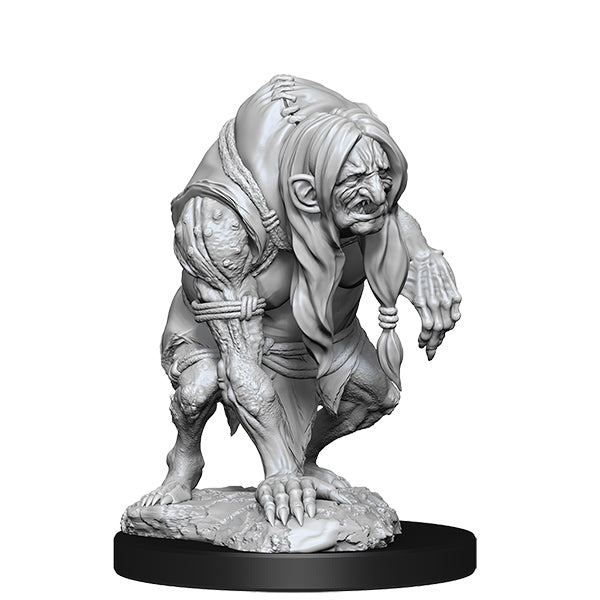Pathfinder Battles Deep Cuts: Annis Hag & Green Hag - Gray plastic miniature of a hunched, muscular hag with long hair and tattered clothing on a textured circular base.