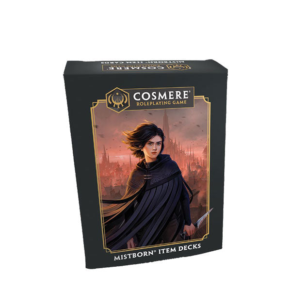 Cosmere RPG: Mistborn Item Deck (PREORDER) - Black rectangular box featuring a character in dark cloak with wind-swept hair against a dusk sky labeled Cosmere Mistborn.
