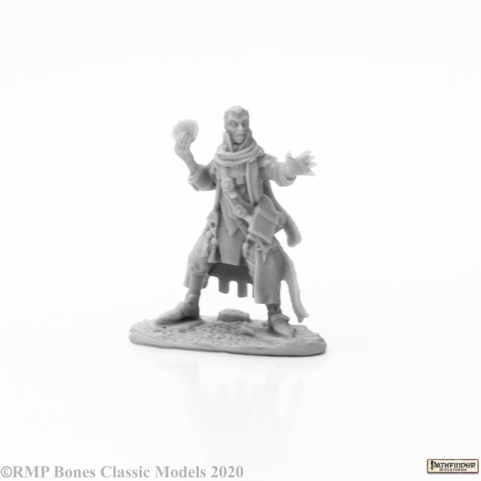 Erasmus, Iconic Medium - Gray plastic miniature figure of a cloaked wizard holding an orb, standing on a textured base.