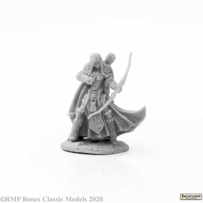 Adowyn, Iconic Hunter - Gray resin miniature of a cloaked hunter with a bow, quiver, and detailed armor standing on a textured base.