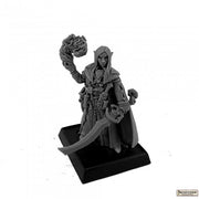 Seltyiel, Iconic Magus - Gray miniature figure of a hooded magus holding a staff with swirling energy and a curved sword on a square base.