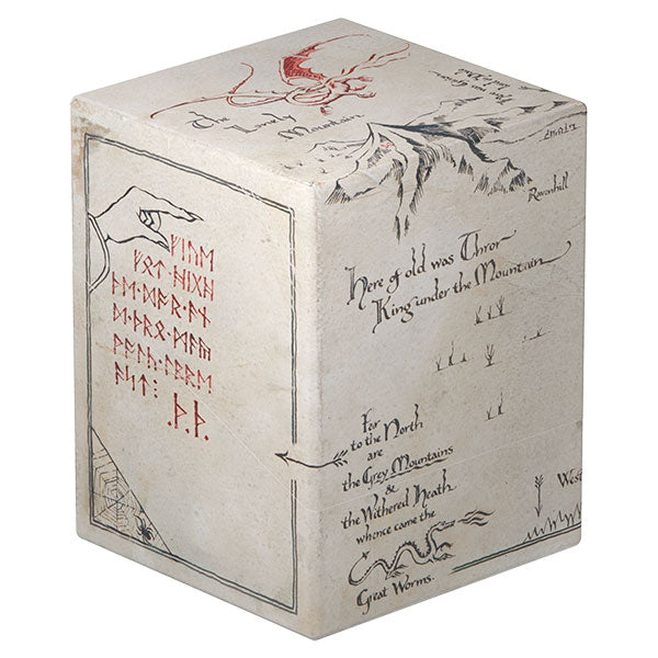 Ultimate Guard Boulder 100+ Return to Earth: The Hobbit - Thror's Map (PREORDER) - Rectangular card storage box with cream background featuring black handwritten text, red runes, and an intricate dragon.