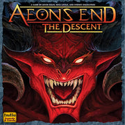 Aeon's End: The Descent - Board game box featuring a fierce red demon with glowing eyes and sharp teeth on a dark, smoky background.