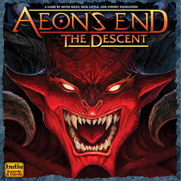 Aeon's End: The Descent - Board game box featuring a fierce red demon with glowing eyes and sharp teeth on a dark, smoky background.