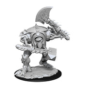 D&D Nolzur's Marvelous Minis: Warforged Titan - Unpainted gray plastic miniature of a robotic warforged titan wielding a large axe, standing on textured rocky base.