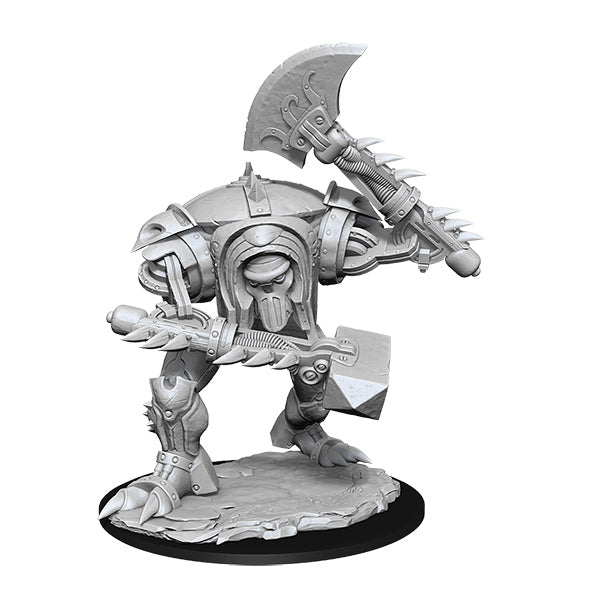 D&D Nolzur's Marvelous Minis: Warforged Titan - Unpainted gray plastic miniature of a robotic warforged titan wielding a large axe, standing on textured rocky base.