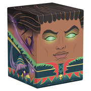 Squaroes 100+ Boulder: Secrets of Strixhaven - Professor Dellian Fel (PREORDER) - Square deck box featuring a stylized face with glowing green eyes and dark hair, decorated with mystical purple and green.