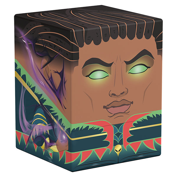 Squaroes 100+ Boulder: Secrets of Strixhaven - Professor Dellian Fel (PREORDER) - Square deck box featuring a stylized face with glowing green eyes and dark hair, decorated with mystical purple and green.