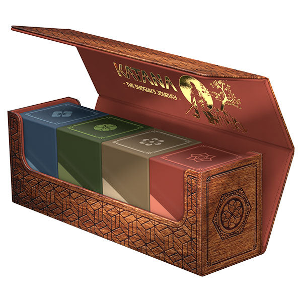 Ultimate Guard Arkhive 400+ Xenoskin: Shogun's Journey Part 3 - Brown rectangular deck box with gold dragon emblem and intricate pattern, holding four card sleeves in blue, green, beige,.