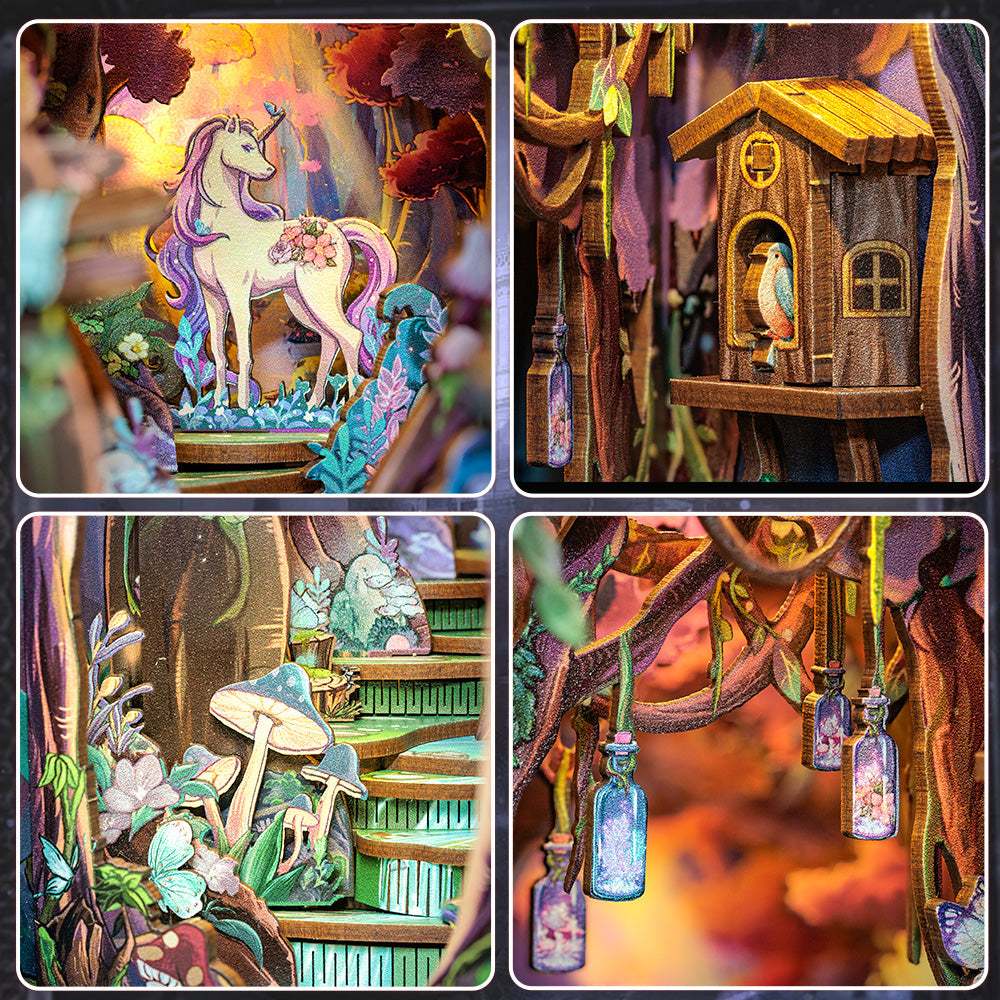 The Grace of Forest Book Nook (PREORDER) - Miniature forest book nook with pastel unicorn, wooden cabin, glowing bottle lanterns, and mushroom-covered stairs.