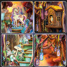 The Grace of Forest Book Nook (PREORDER) - Miniature forest book nook with pastel unicorn, wooden cabin, glowing bottle lanterns, and mushroom-covered stairs.