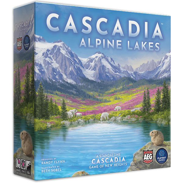 Cascadia: Alpine Lakes (PREORDER) - Board game box with snowy mountain landscape, lush green forest, purple wildflowers, and a calm alpine lake on the cover.