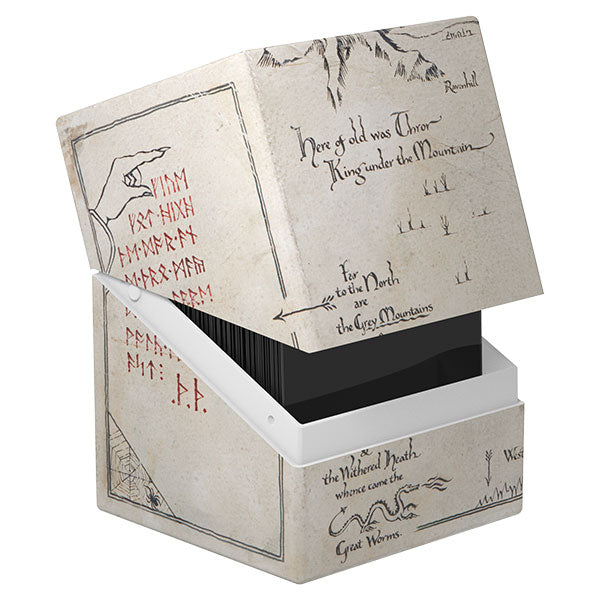 Ultimate Guard Boulder 100+ Return to Earth: The Hobbit - Thror's Map (PREORDER) - White and beige rigid card deck box with black interior featuring vintage map and handwritten script designs inspired by.
