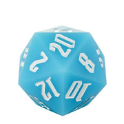 Giant Bouncy D20 - Glow In The Dark Blue - Large blue icosahedron-shaped bouncy die with white numbers, glow-in-the-dark finish.