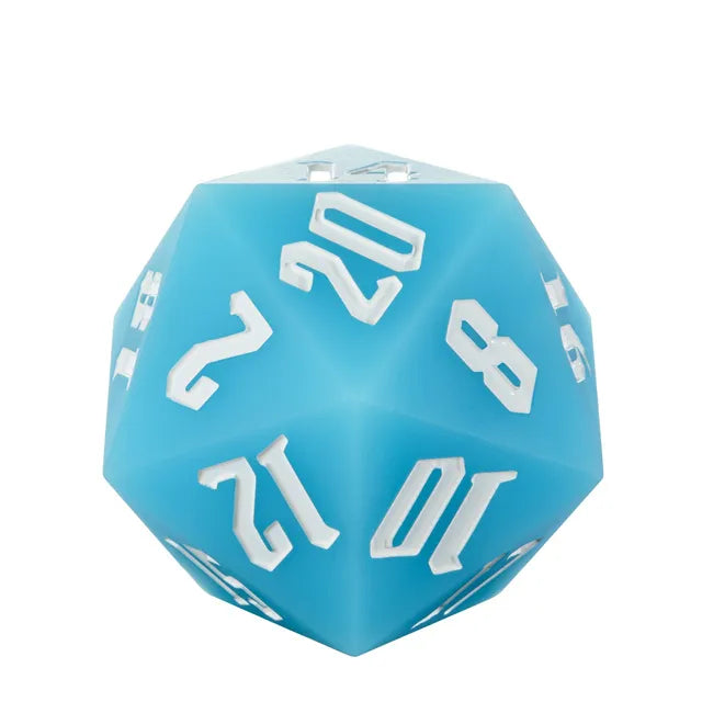Giant Bouncy D20 - Glow In The Dark Blue - Large blue icosahedron-shaped bouncy die with white numbers, glow-in-the-dark finish.