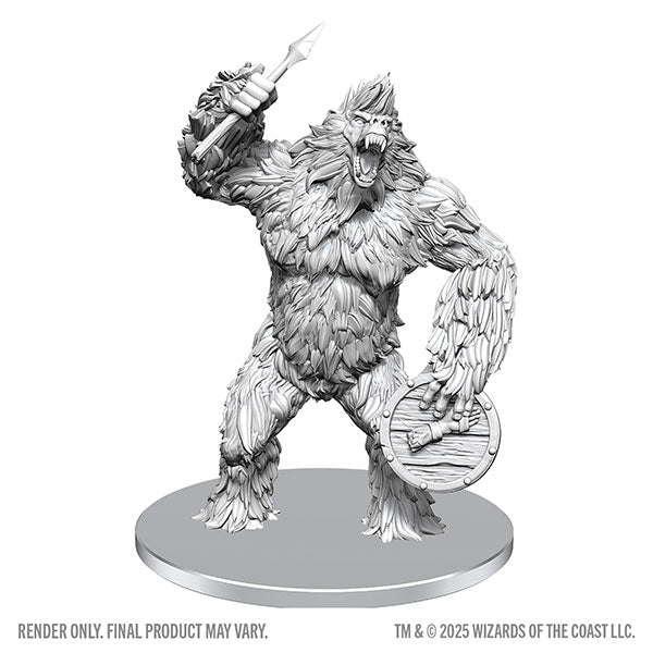 D&D Nolzur's Marvelous Miniatures: Classic Yeti (PREORDER) - Unpainted gray plastic Yeti miniature with fur texture, holding axe and wooden shield on round base.