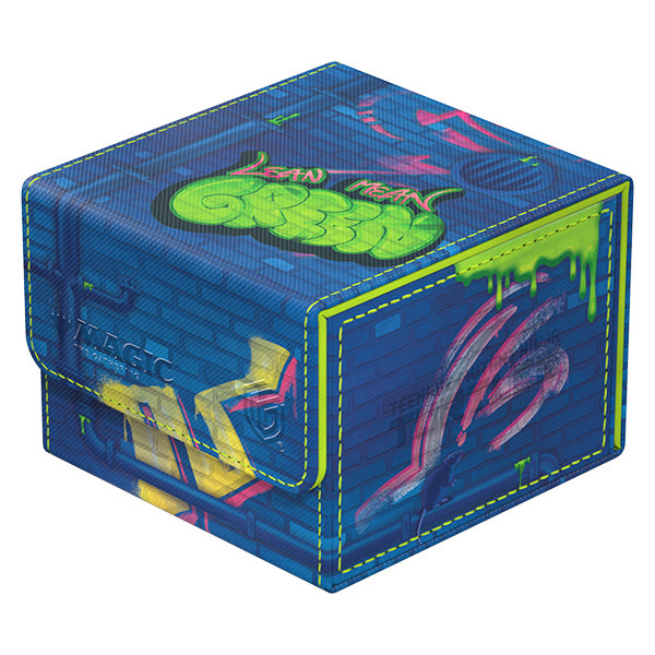 Ultimate Guard Sidewinder 133+ Xenoskin Deck Case: Teenage Mutant Ninja Turtles - Sewer Walls - Blue rectangular deck case with Teenage Mutant Ninja Turtles sewer wall graffiti and green slime details.