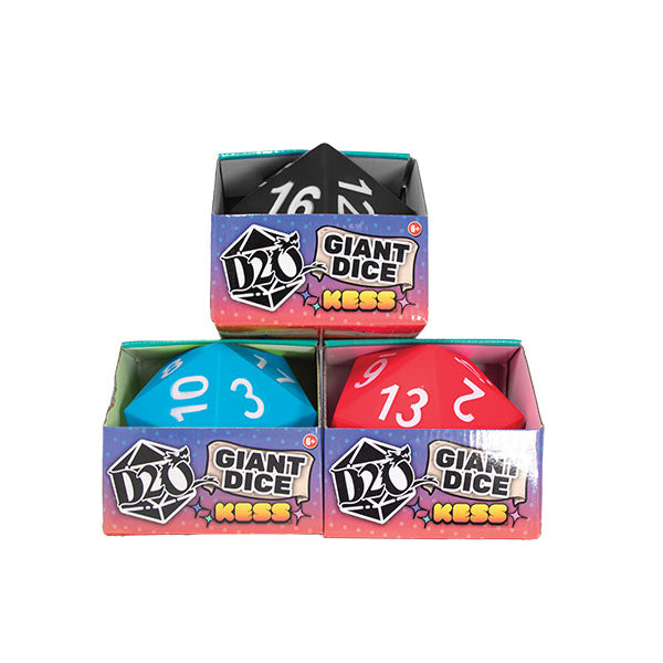 Giant D20 Foam Dice - Red (PREORDER) - Three giant foam d20 dice in black, blue, and red, each with white numbering, displayed in colorful labeled boxes.
