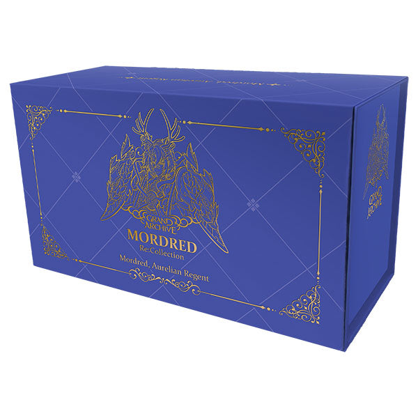 Grand Archive TCG: Mordred, Aurelian Regent Re:Collection (PREORDER) - Blue rectangular box with intricate gold foil detailing featuring a stylized armored figure and ornate corner designs,.