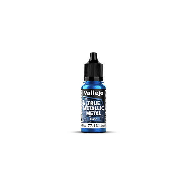 Vallejo True Metallic Metal Base: Sapphire Blue (18ml) - Small plastic dropper bottle with metallic sapphire blue paint and black cap labeled Vallejo True Metallic Metal Base.