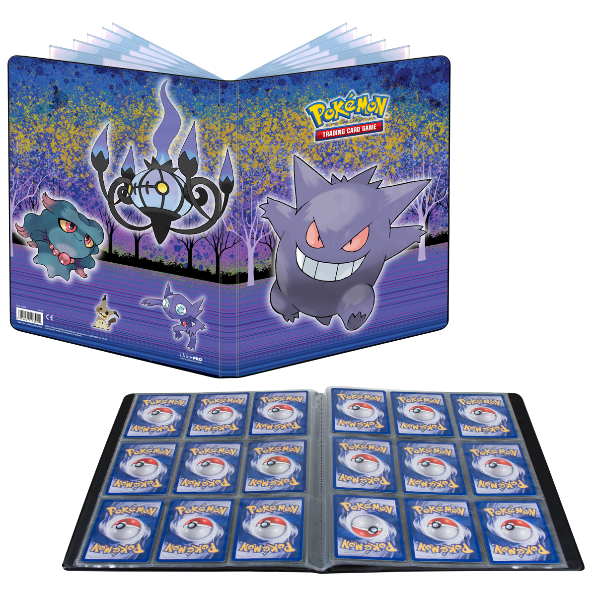 Ultra Pro 9-Pocket Portfolio: Pokémon - Gallery Series Haunted Hollow (PREORDER) - Blue and purple Ultra Pro 9-pocket portfolio with Pokémon ghosts Gengar, Chandelure, Misdreavus, and Haunter graphics, open.
