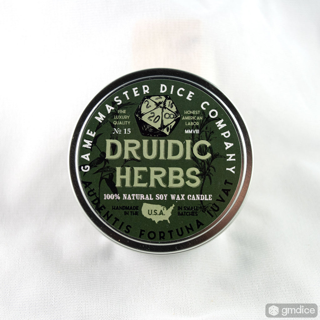Druidic Herbs Gaming Candle - Round metal tin candle labeled Druidic Herbs with green and black design, featuring a 20-sided die illustration.