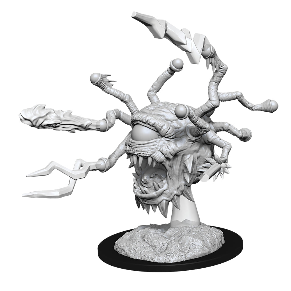 D&D Nolzur's Marvelous Minis: Beholder Zombie - Unpainted gray plastic miniature of a zombie beholder with multiple eyestalks, sharp teeth, and clawed tentacles on a.