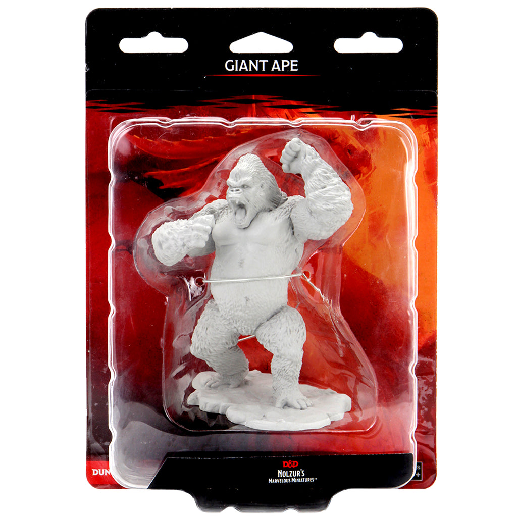 D&D Nolzur's Marvelous Miniatures: Giant Ape - Unpainted gray plastic miniature of a roaring giant ape with raised fists in dynamic pose, on round base.