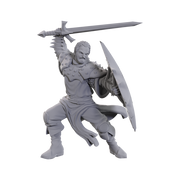 D&D Nolzur's Marvelous Miniatures: Dragon Army Soldier - Unpainted gray plastic miniature of armored soldier wielding raised sword and large shield, in dynamic battle stance.