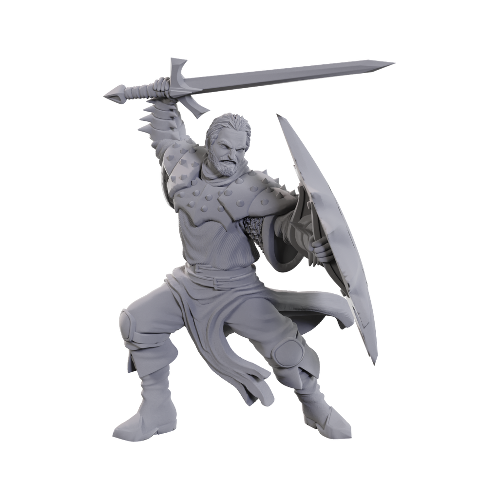 D&D Nolzur's Marvelous Miniatures: Dragon Army Soldier - Unpainted gray plastic miniature of armored soldier wielding raised sword and large shield, in dynamic battle stance.