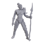 D&D Nolzur's Marvelous Miniatures: Sea Elf Leader - Gray unpainted plastic miniature of a muscular sea elf warrior holding a long trident spear, wearing segmented armor on legs