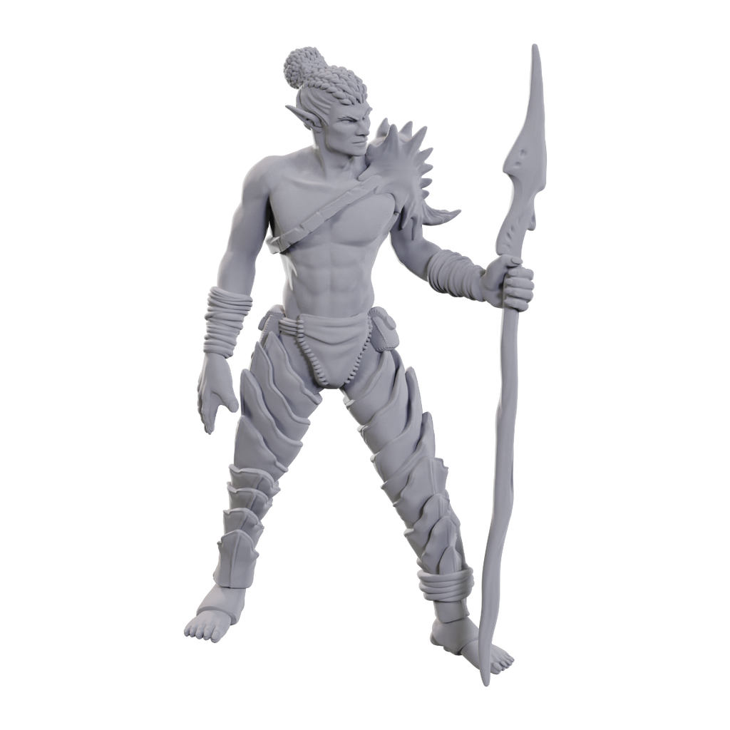 D&D Nolzur's Marvelous Miniatures: Sea Elf Leader - Gray unpainted plastic miniature of a muscular sea elf warrior holding a long trident spear, wearing segmented armor on legs
