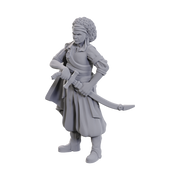 D&D Nolzur's Marvelous Miniatures: Ansalon Human Rogue - Unpainted gray resin miniature of a human rogue holding a curved sword, wearing layered armor and a feathered hat.