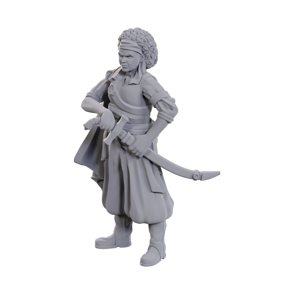 D&D Nolzur's Marvelous Miniatures: Ansalon Human Rogue - Unpainted gray resin miniature of a human rogue holding a curved sword, wearing layered armor and a feathered hat.
