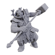 D&D Nolzur's Marvelous Miniatures: Firegaunt - Unpainted gray plastic miniature of a muscular humanoid creature wielding a large hammer, wearing detailed armor and tribal.