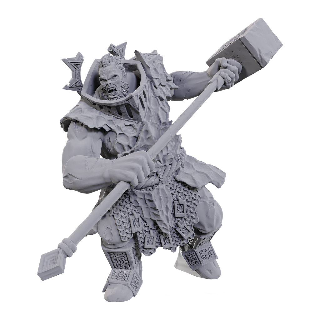D&D Nolzur's Marvelous Miniatures: Firegaunt - Unpainted gray plastic miniature of a muscular humanoid creature wielding a large hammer, wearing detailed armor and tribal.