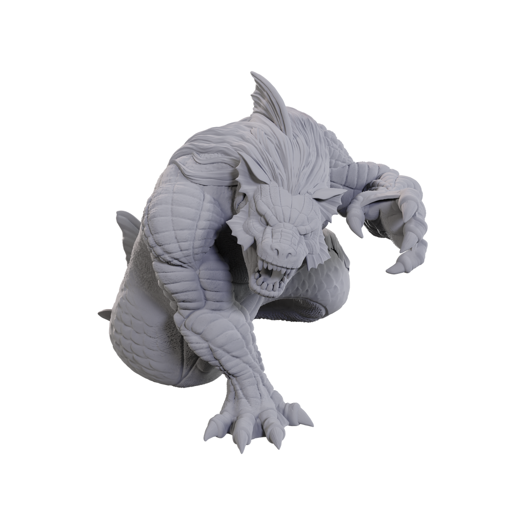 D&D Nolzur's Marvelous Miniatures: Sea Lion - Gray plastic miniature of a fierce sea lion creature with muscular limbs, sharp teeth, and a fin on its back, in a crouching