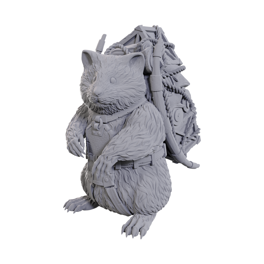 D&D Nolzur's Marvelous Miniatures: Giant Space Hamster - Unpainted gray resin miniature of a giant space hamster with textured fur and a detailed rocket pack on its back.