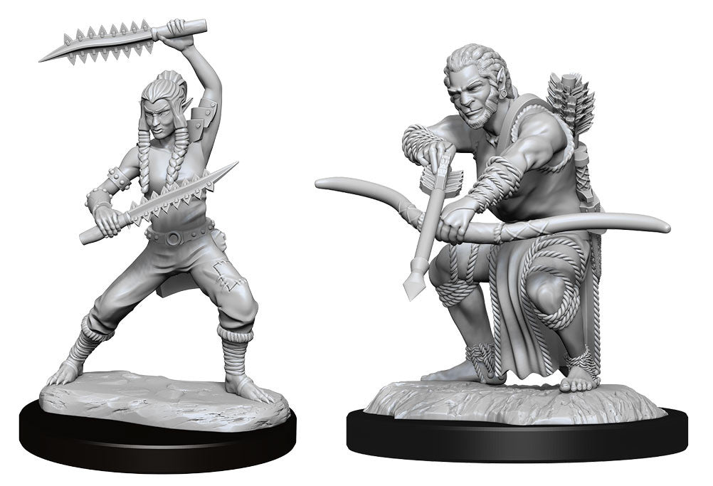 D&D Nolzur's Marvelous Minis: Shifter Wildhunt Ranger - Gray resin miniature of a wildhunt ranger in dynamic pose wielding a serrated sword and a bow with quiver of arrows on back.