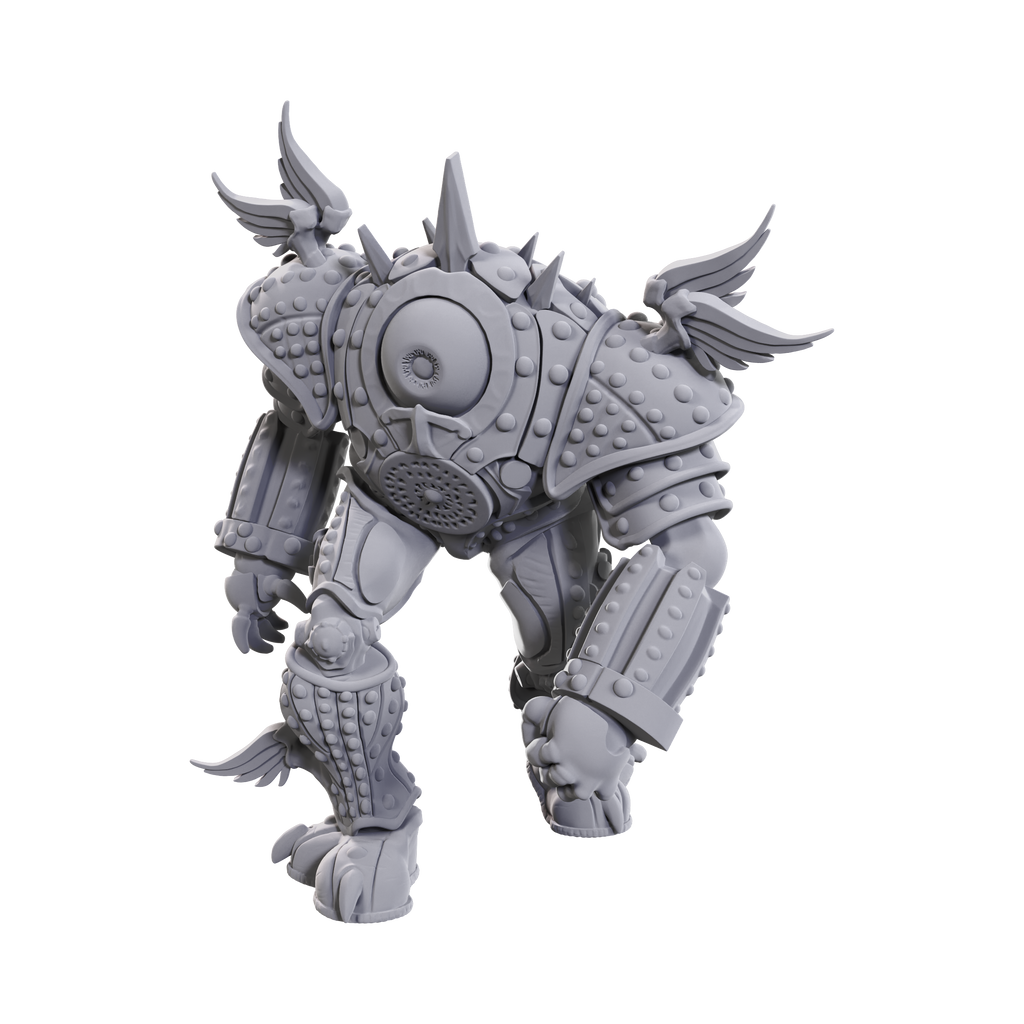 D&D Nolzur's Marvelous Miniatures: Marut - Gray unpainted detailed fantasy mechanical golem miniature with segmented armor and wing-like protrusions.