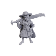 Pathfinder Deep Cuts: Female Halfling Magus Low-Level - Unpainted gray resin miniature of a female halfling holding a large curved blade over her shoulder, wearing a wide-brimmed.