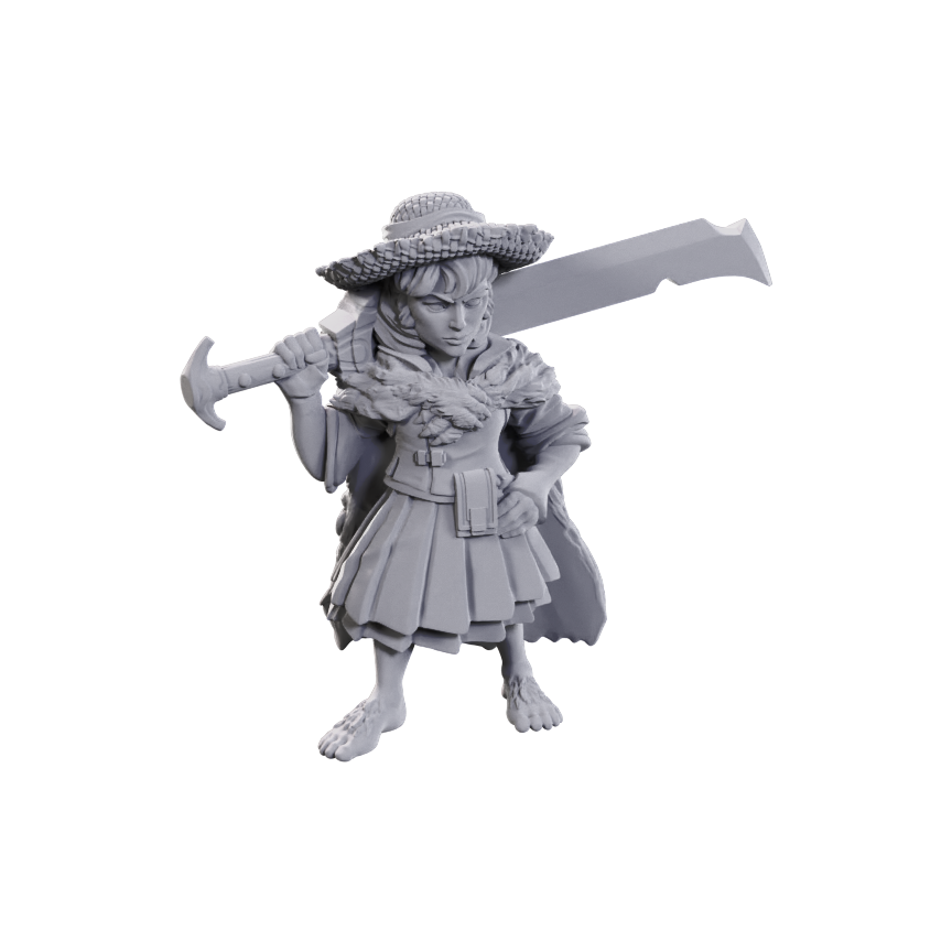 Pathfinder Deep Cuts: Female Halfling Magus Low-Level - Unpainted gray resin miniature of a female halfling holding a large curved blade over her shoulder, wearing a wide-brimmed.