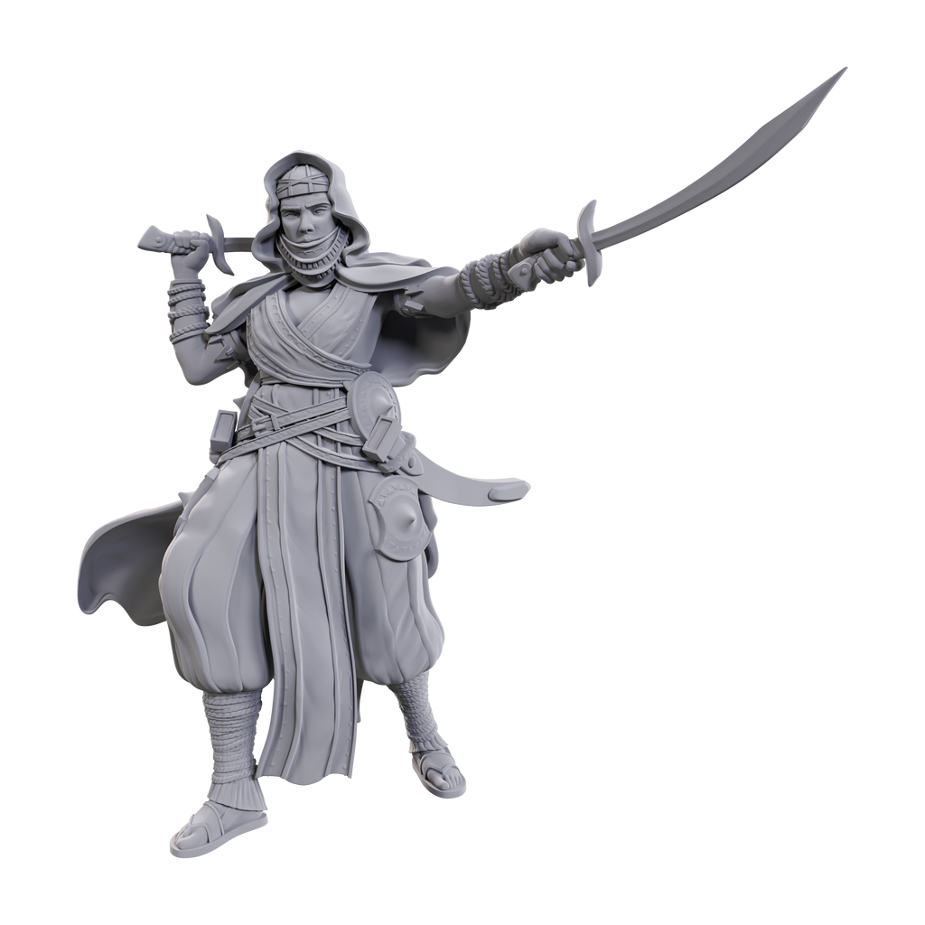 Pathfinder Deep Cuts: Desert Giant - Gray unpainted miniature of a warrior giant holding a curved sword with flowing robes and armor details.