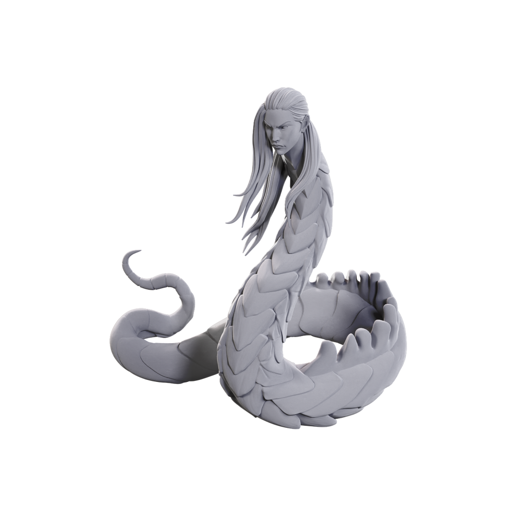 Pathfinder Deep Cuts: Lunar Naga - Unpainted gray resin miniature of a coiled naga with serpentine tail and humanoid upper body, detailed scales and flowing.