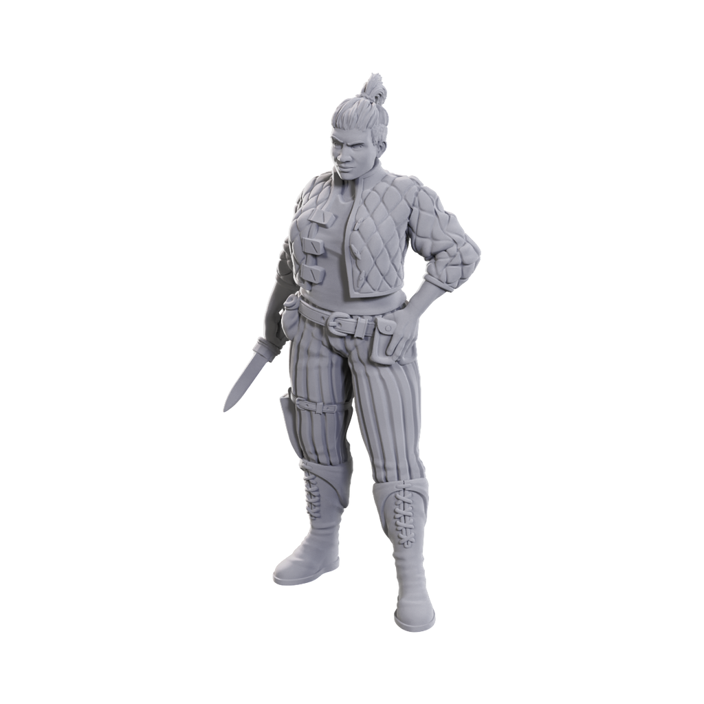 WizKids Deep Cuts: Cutpurses Male & Female - Gray unpainted miniature of a male rogue with striped pants, quilted vest, and holding a dagger.