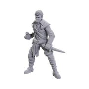 WizKids Deep Cuts: Cutpurses Male & Female - Unpainted gray plastic miniature of a male rogue holding a dagger and a small pouch, wearing layered adventurer clothing and