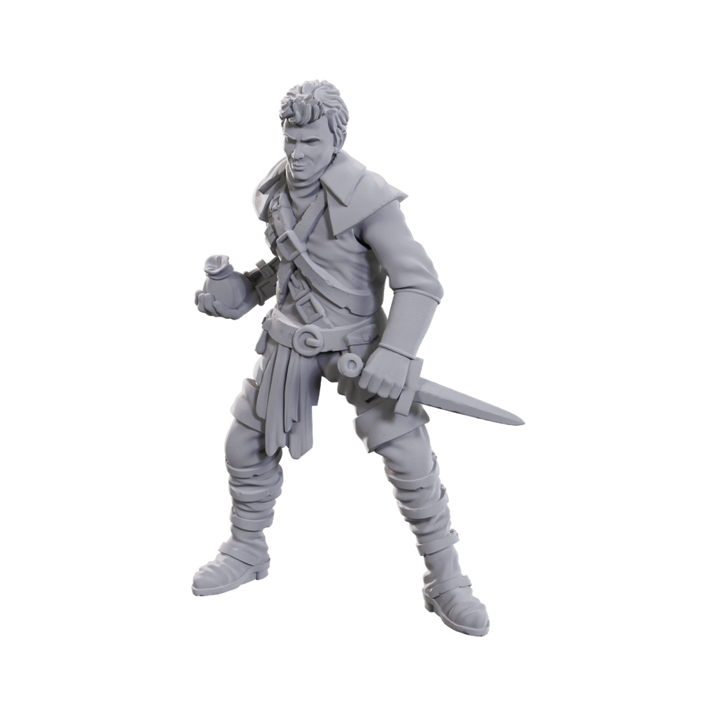 WizKids Deep Cuts: Cutpurses Male & Female - Unpainted gray plastic miniature of a male rogue holding a dagger and a small pouch, wearing layered adventurer clothing and