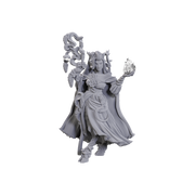 Critical Role: Unpainted Miniatures: Fearne Calloway & Mister - Unpainted gray resin miniature of a robed woman with long hair holding a flame in one hand and a staff entwined with a snake